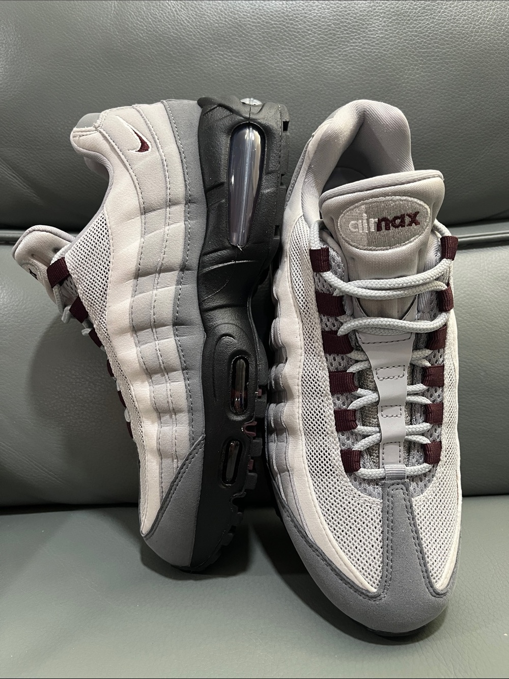 Nike Women’s Air Max 95 Sneakers in Light Gray with Burgundy Accents